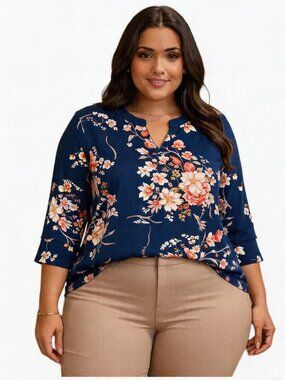 Womens Plus Size Tops 3/4 Sleeve Blouse V-Neck Shirt, BLUE PINK FLORAL, Size 2XL